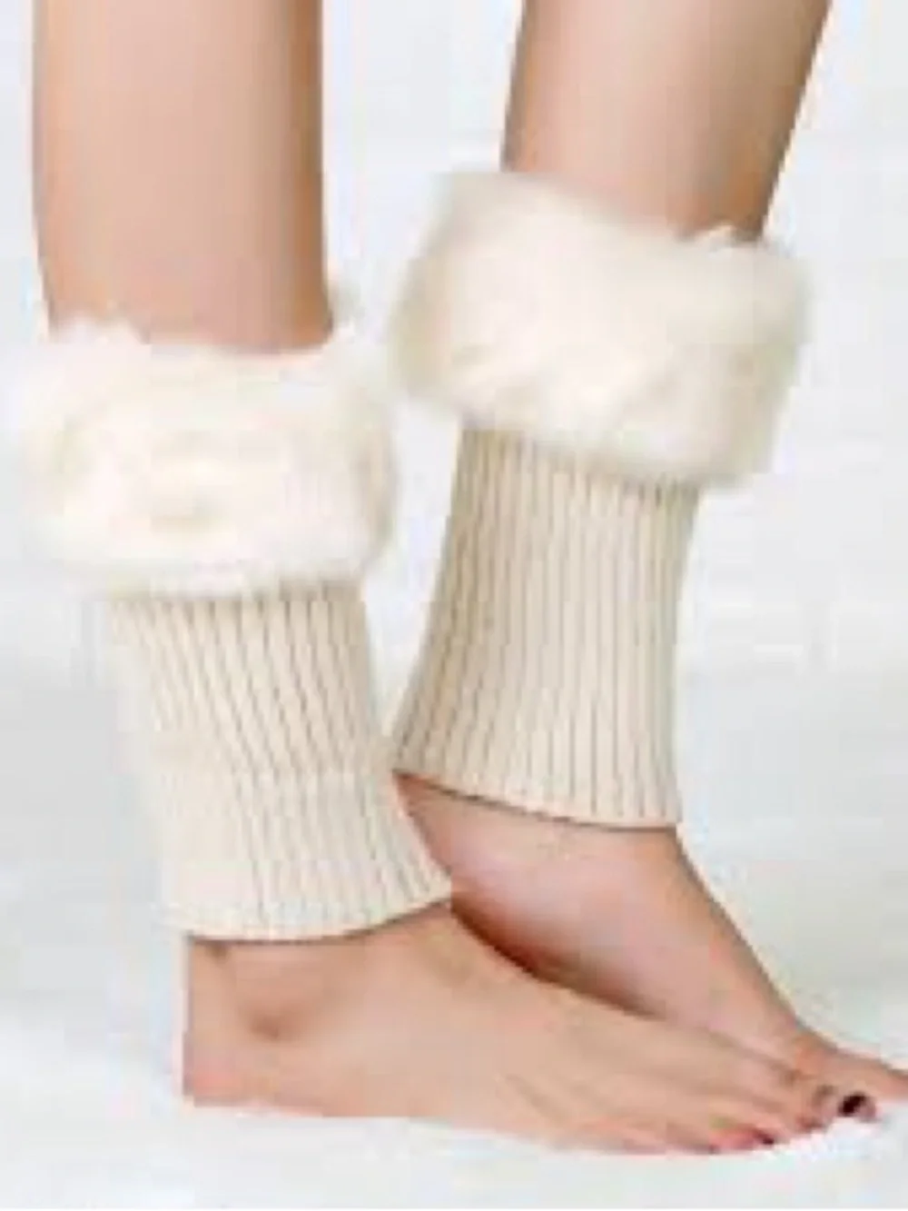 Faux Fur Trim Knit Wrist Warmers - Cream